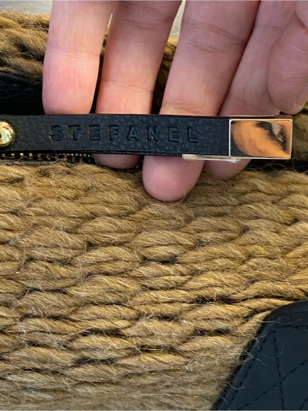 Stefanel Camel Knit Tote with Black Leather Handles